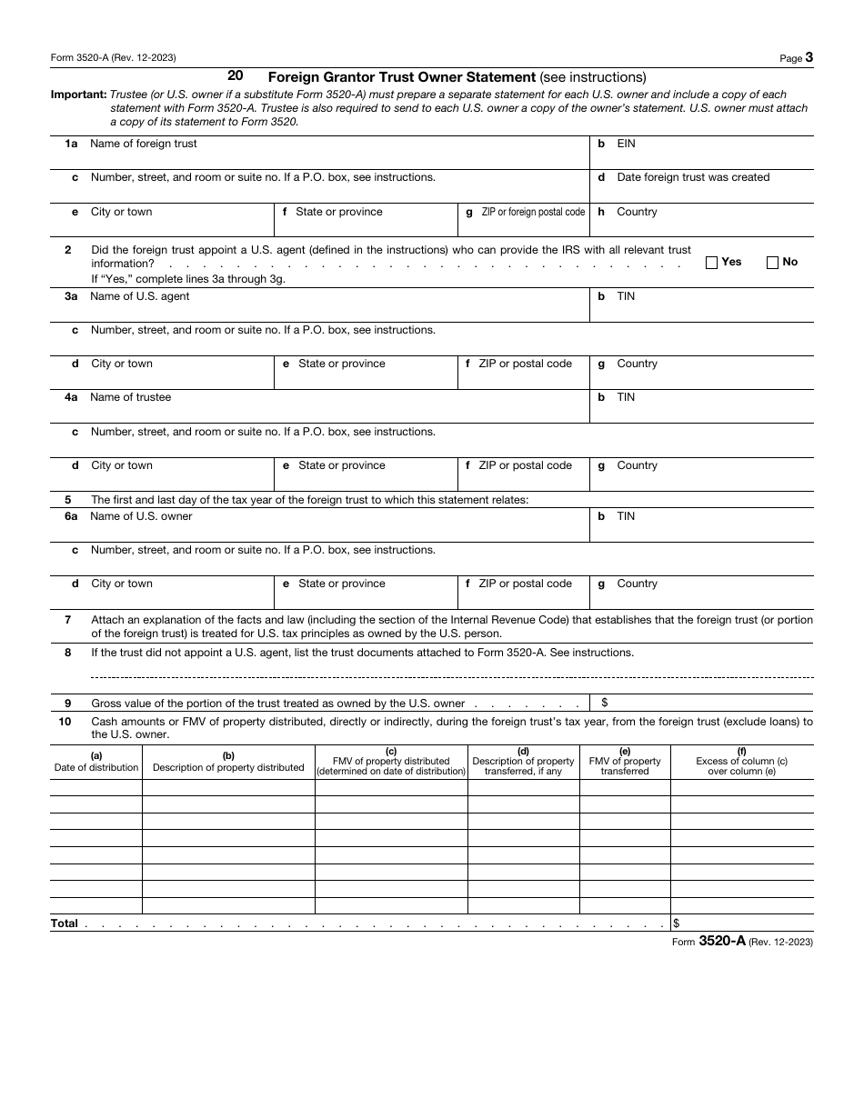 IRS Form 3520-A Annual Information Return of Foreign Trust With a U.S. Owner, Page 3