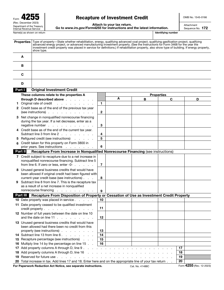 IRS Form 4255 Download Fillable PDF Or Fill Online Recapture Of ...