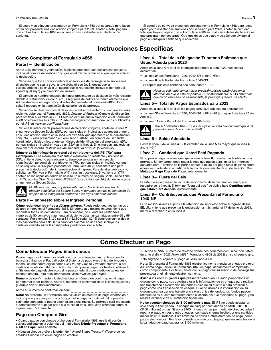 IRS Formulario 4868 Solicitud De Prorroga Automatica Para Presentar La Declaracion Del Impuesto Sobre El Ingreso Personal De Los Estados Unidos (Spanish), Page 3