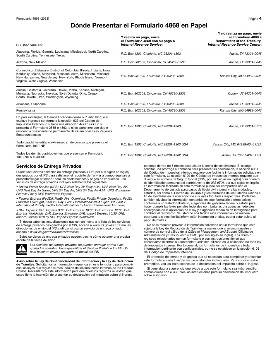 IRS Formulario 4868 Solicitud De Prorroga Automatica Para Presentar La Declaracion Del Impuesto Sobre El Ingreso Personal De Los Estados Unidos (Spanish), Page 4
