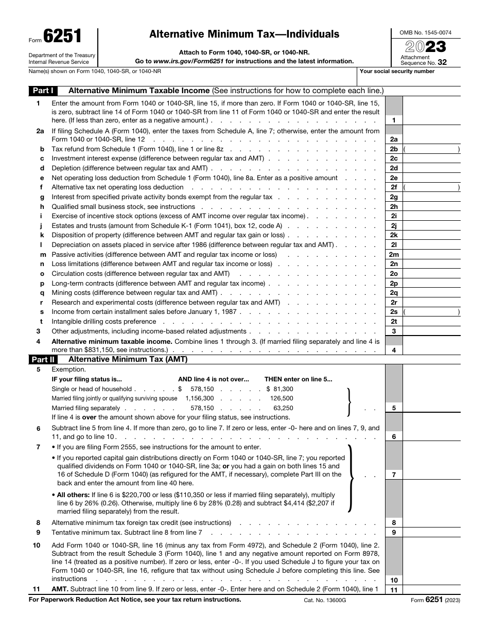 IRS Form 6251 Download Fillable PDF or Fill Online Alternative Minimum ...