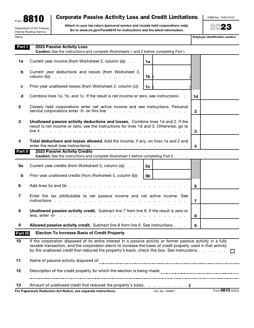 IRS Form 8810 Corporate Passive Activity Loss and Credit Limitations, 2023
