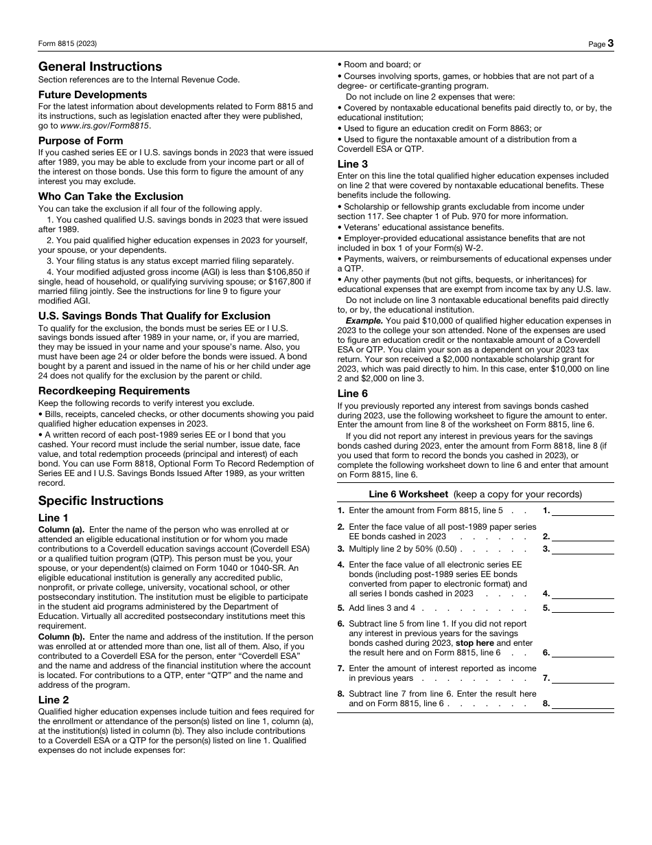 IRS Form 8815 Exclusion of Interest From Series Ee and I U.S. Savings Bonds Issued After 1989 (For Filers With Qualified Higher Education Expenses), Page 3