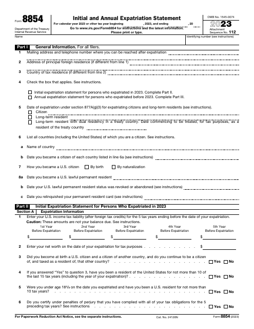 IRS Form 8854 Initial and Annual Expatriation Statement, 2023