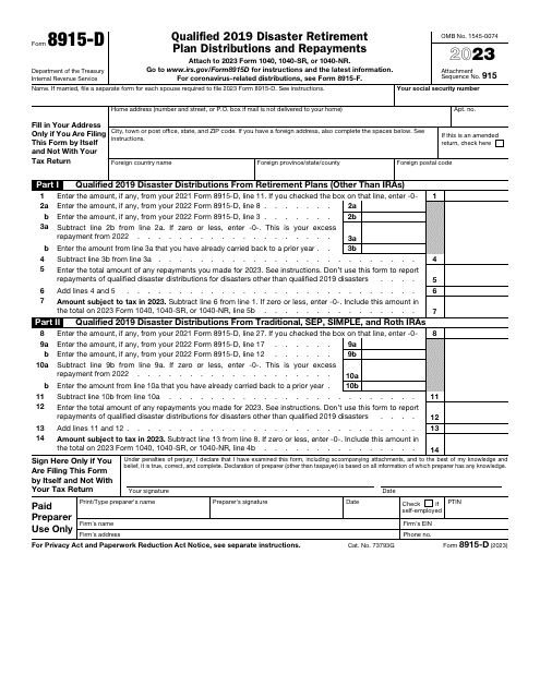 IRS Form 8915-D Qualified 2019 Disaster Retirement Plan Distributions and Repayments, 2023