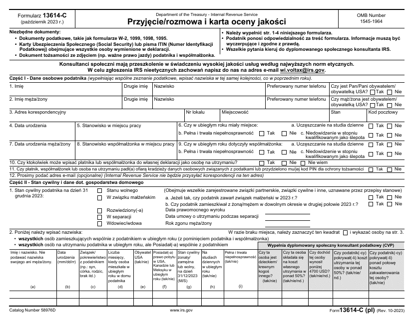 IRS Form 13614-C (PL) Intake/Interview and Quality Review Sheet (Polish)