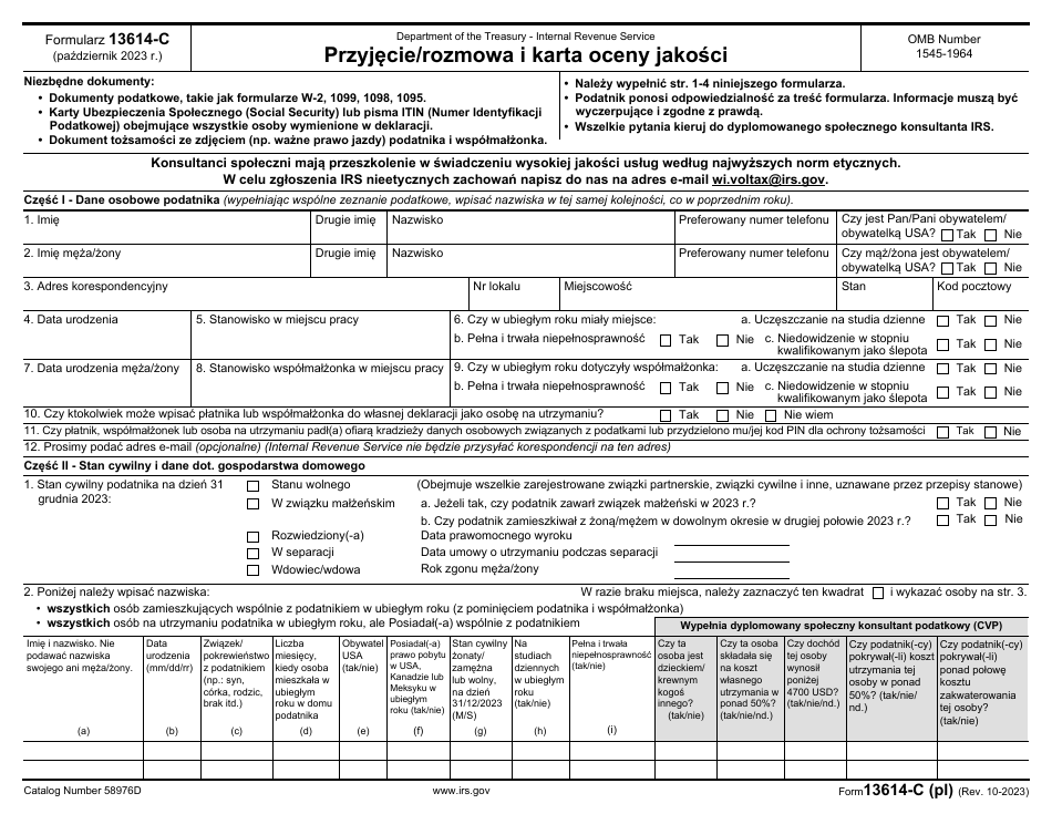 IRS Form 13614-C (PL) Intake / Interview and Quality Review Sheet (Polish), Page 1