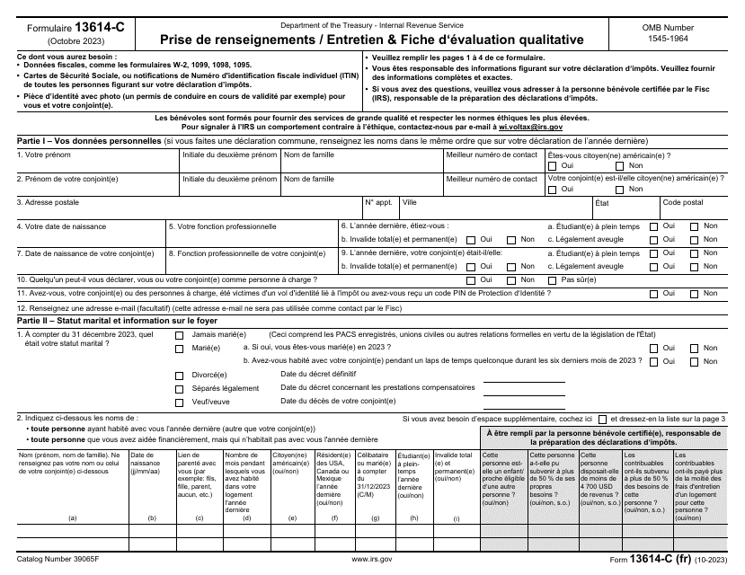 IRS Form 13614-C (FR) Intake/Interview and Quality Review Sheet (French)