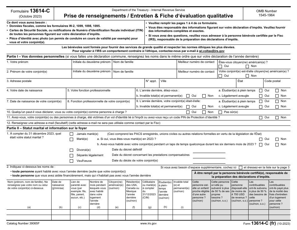 IRS Form 13614-C (FR) Intake / Interview and Quality Review Sheet (French), Page 1