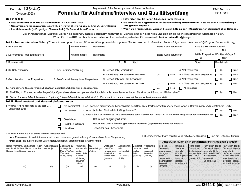 IRS Form 13614-C (DE) Intake/Interview and Quality Review Sheet (German)