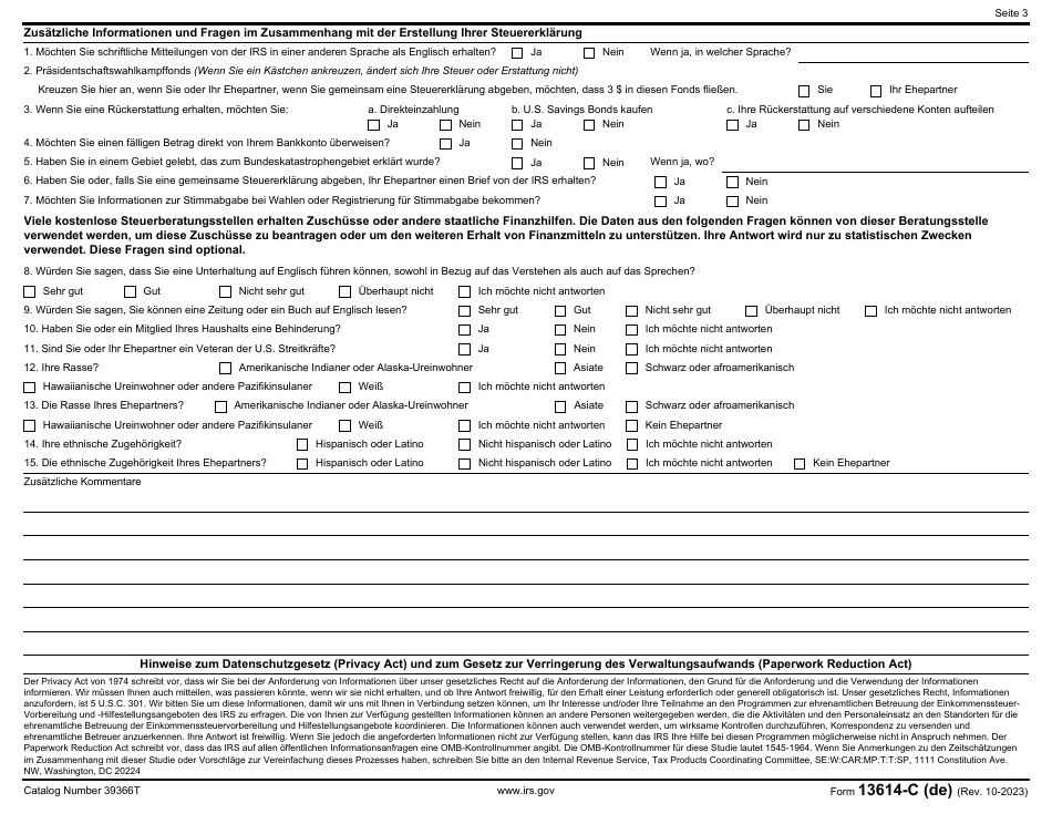 IRS Form 13614-C (DE) Intake / Interview and Quality Review Sheet (German), Page 3
