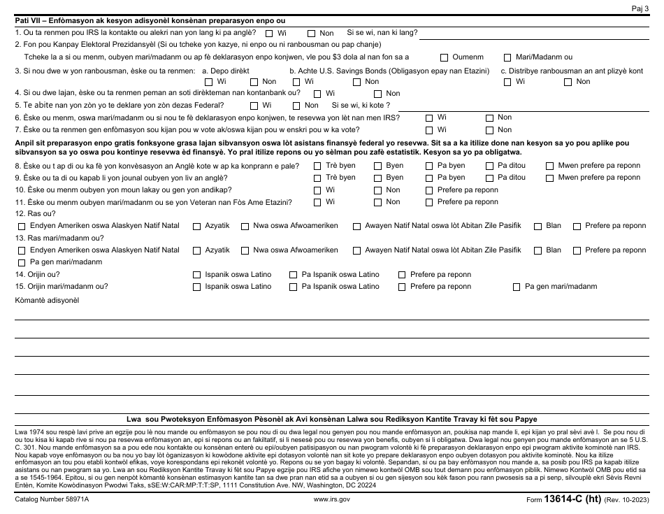 IRS Form 13614-C (HT) Intake / Interview and Quality Review Sheet (Haitian Creole), Page 3