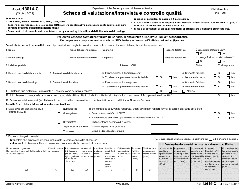 IRS Form 13614-C (IT) Intake/Interview and Quality Review Sheet (Italian)