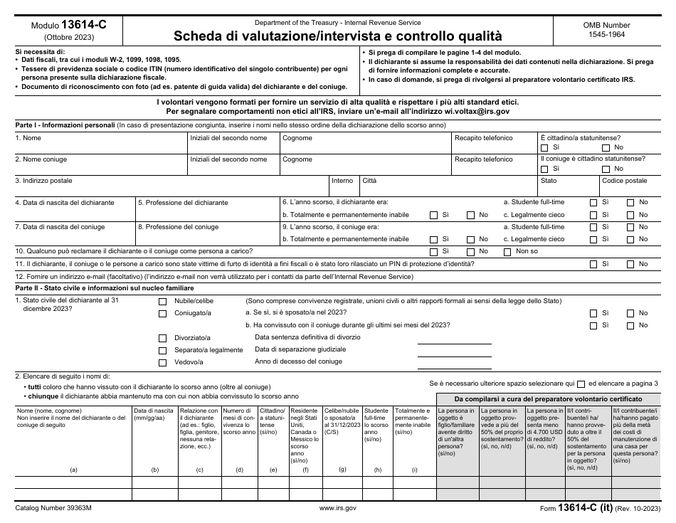 IRS Form 13614-C (IT) Intake / Interview and Quality Review Sheet (Italian), Page 1