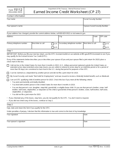 IRS Form 15112 Earned Income Credit Worksheet (Cp 27)