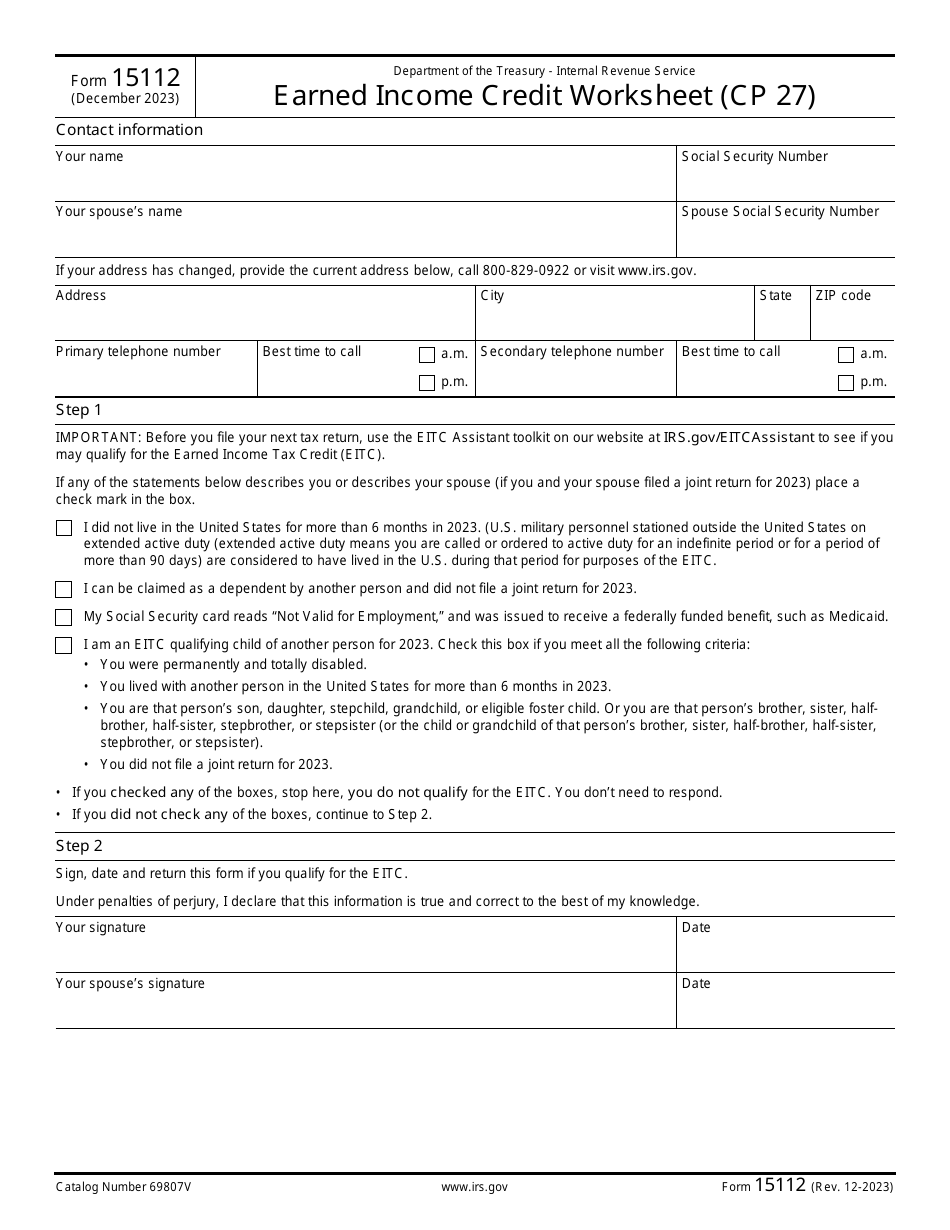 IRS Form 15112 Earned Income Credit Worksheet (Cp 27), Page 1