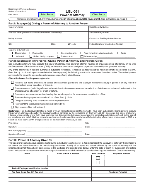Form LGL-001 Power of Attorney - Connecticut