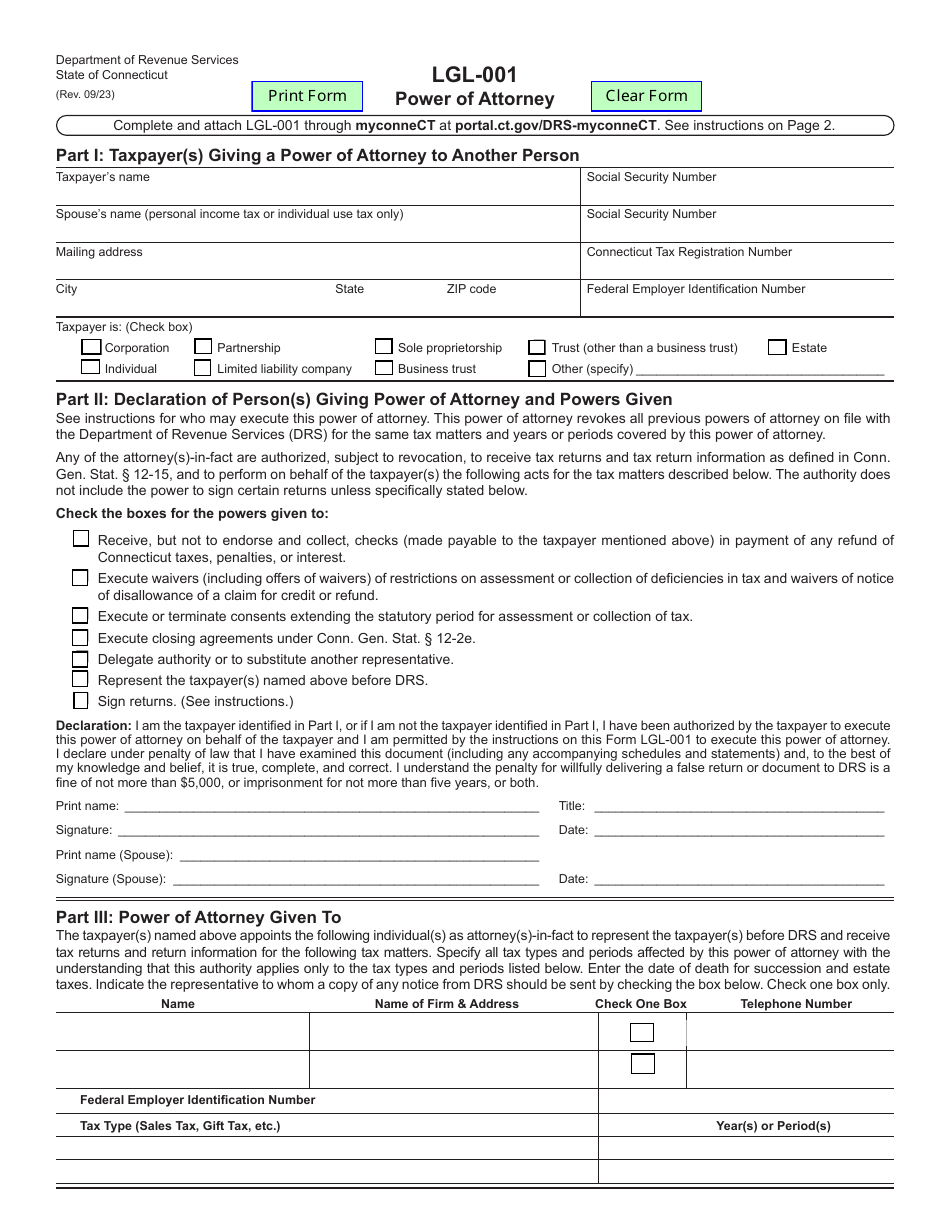Form LGL-001 Power of Attorney - Connecticut, Page 1