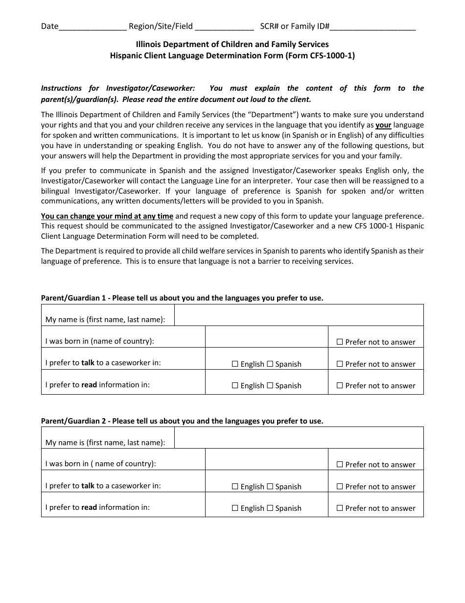 Form CFS-1000-1 Hispanic Client Language Determination Form - Illinois, Page 1
