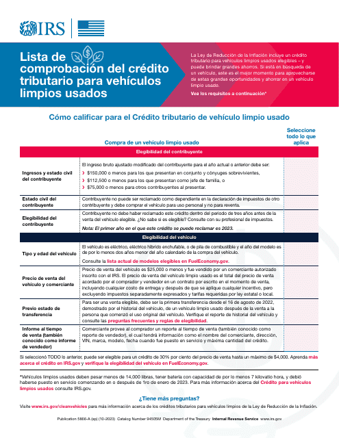 Lista De Comprobacion Del Credito Tributario Para Vehiculos Limpios Usados (Spanish) Download Pdf