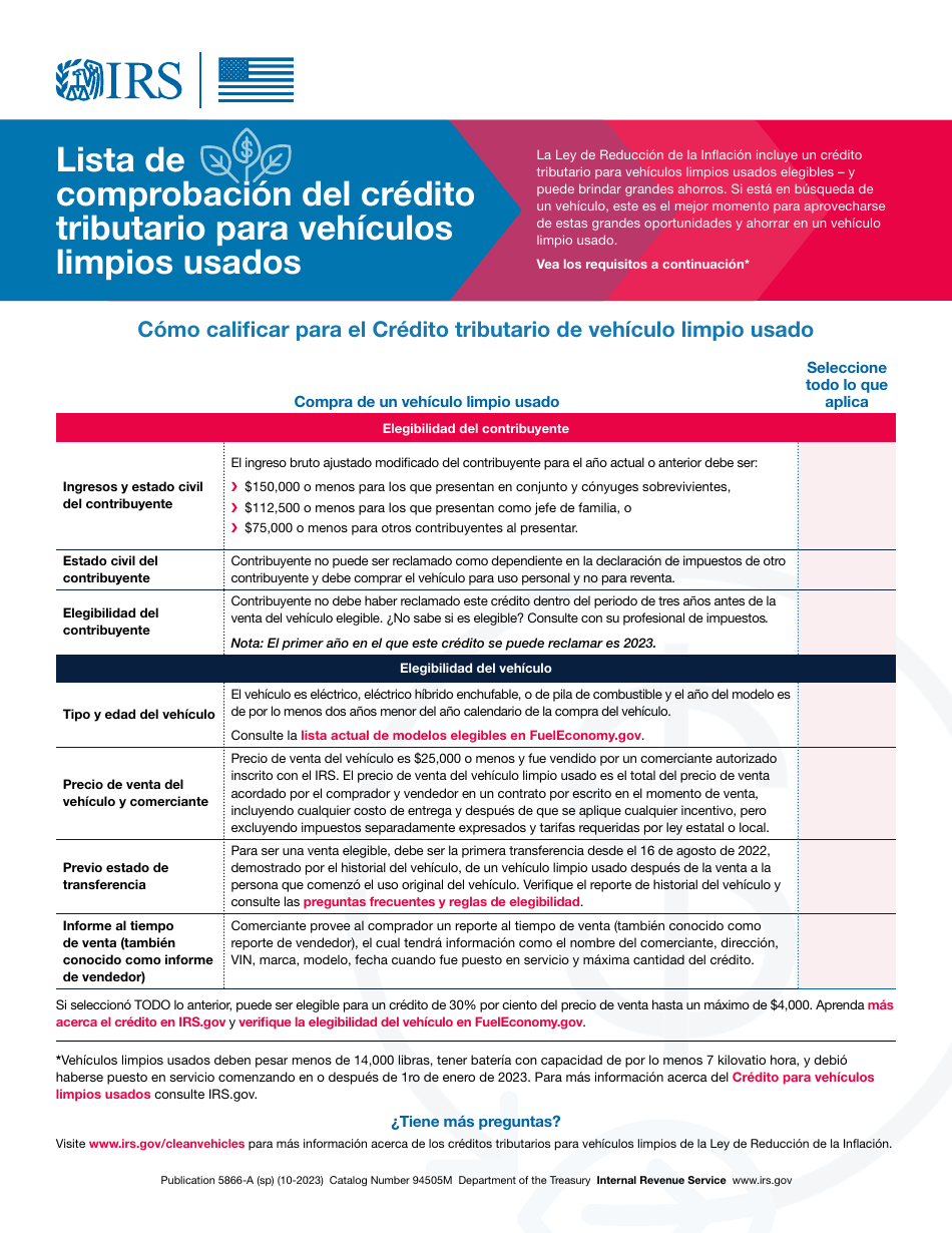 Lista De Comprobacion Del Credito Tributario Para Vehiculos Limpios Usados (Spanish), Page 1