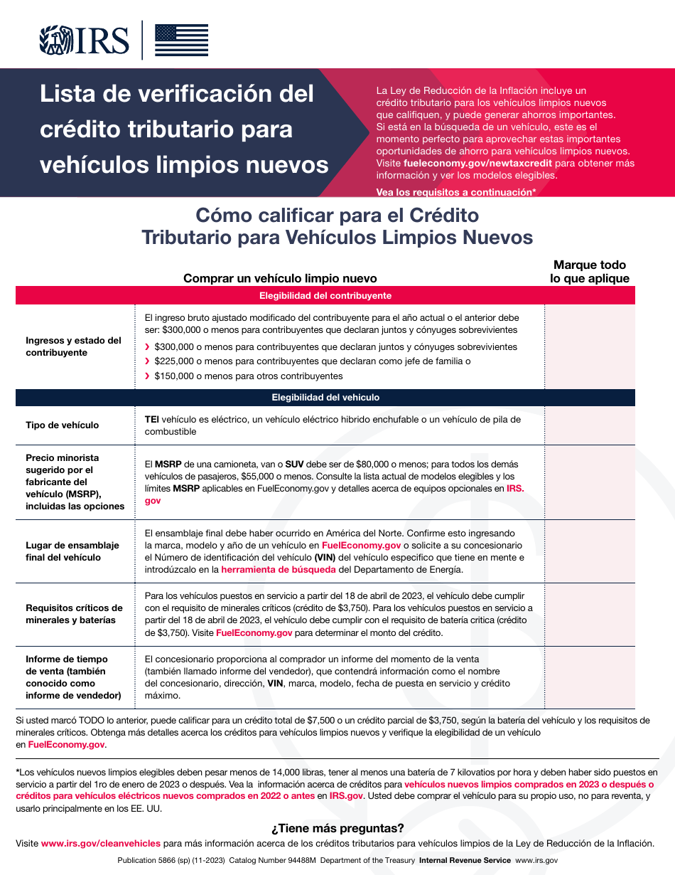 IRS Formulario 5866 (SP) Lista De Verificacion Del Credito Tributario Para Vehiculos Limpios Nuevos (Spanish), Page 1