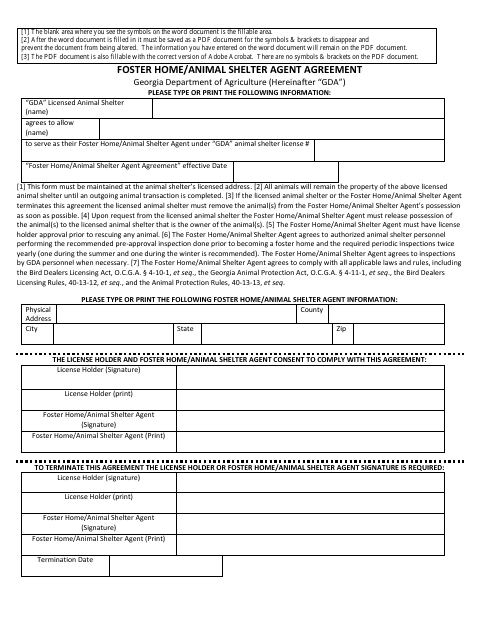 Foster Home / Animal Shelter Agent Agreement - Georgia (United States) Download Pdf