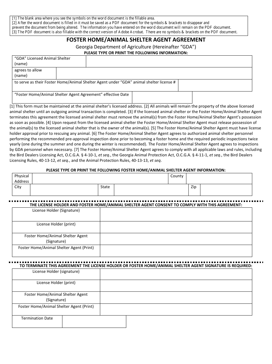 Foster Home / Animal Shelter Agent Agreement - Georgia (United States), Page 1