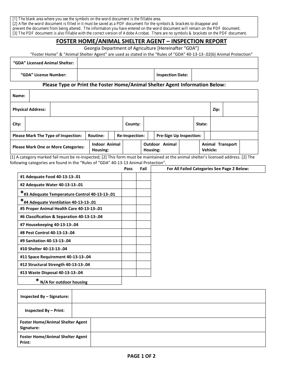 Foster Home / Animal Shelter Agent - Inspection Report - Georgia (United States), Page 1
