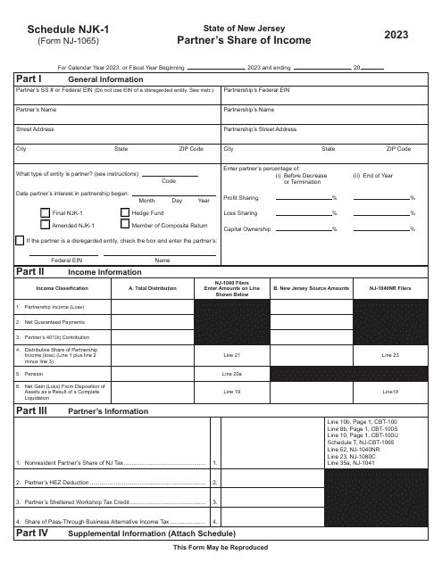 Form NJ-1065 Schedule NJK-1 Partner's Share of Income - New Jersey, 2023