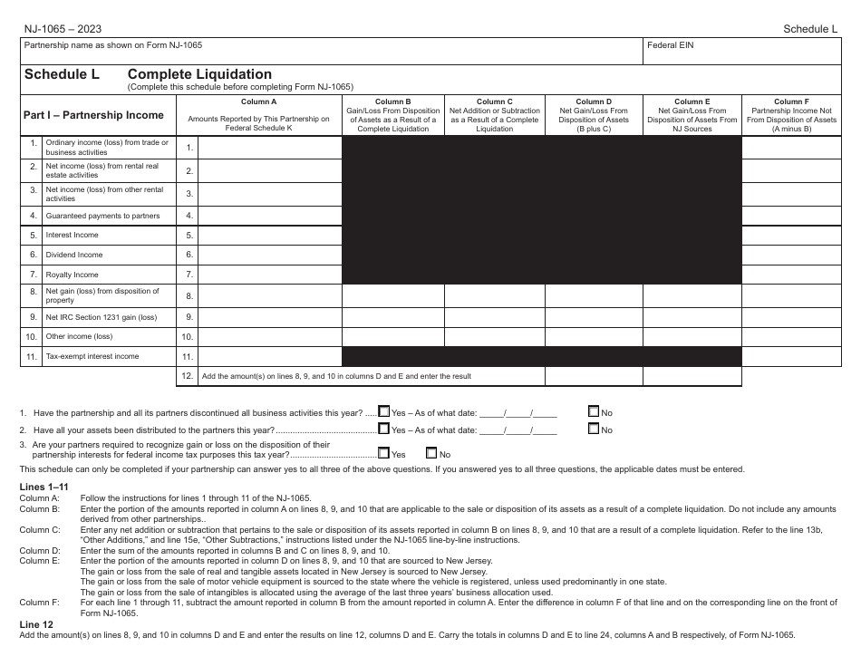 Form NJ1065 Schedule L Download Fillable PDF or Fill Online Complete