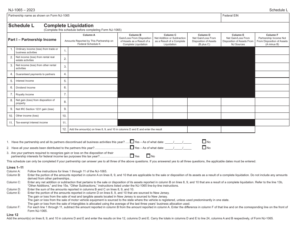 Form NJ-1065 Schedule L Complete Liquidation - New Jersey, Page 1