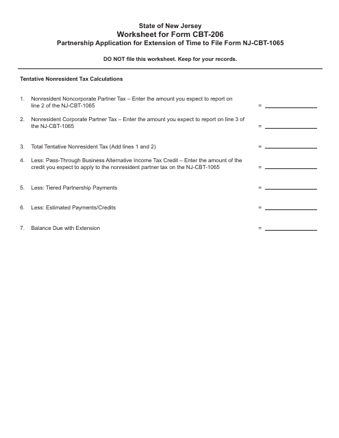 Form CBT-206 Fee Worksheet for Partnership Application for Extension of Time to File Form Nj-Cbt-1065 - New Jersey