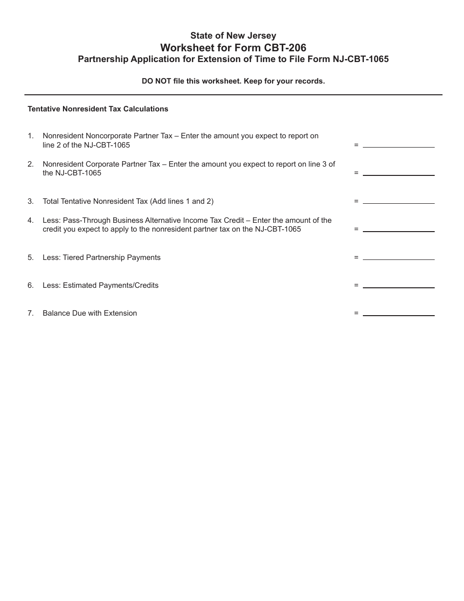 Form CBT-206 Fee Worksheet for Partnership Application for Extension of Time to File Form Nj-Cbt-1065 - New Jersey, Page 1