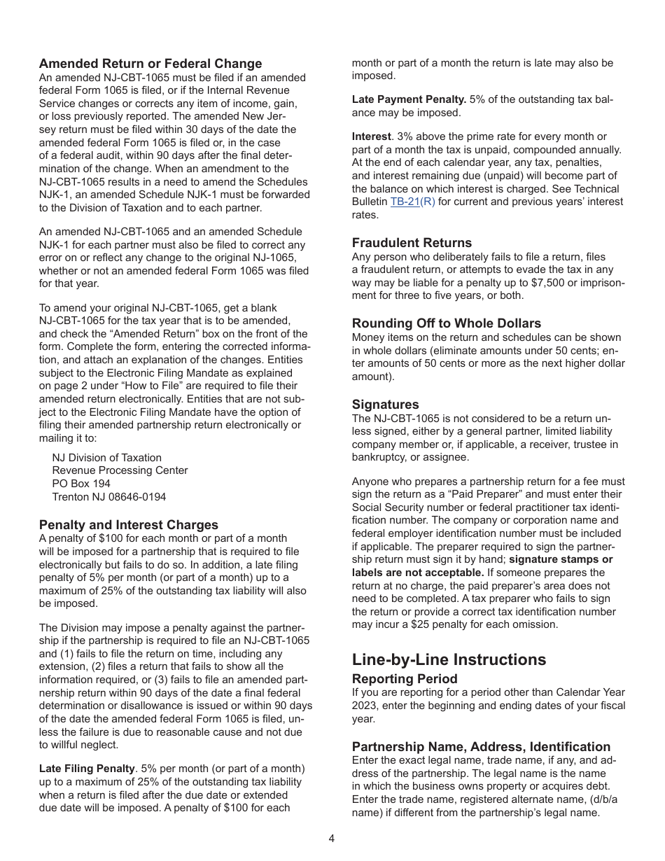 Instructions for Form NJ-CBT-1065 New Jersey Partnership Return - Corporation Business Tax - New Jersey, Page 4