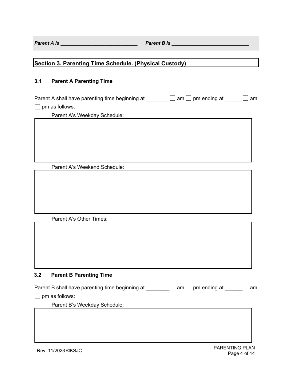 Kansas Parenting Plan Download Fillable PDF | Templateroller