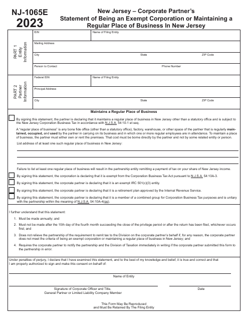 Form NJ-1065E Corporate Partner's Statement of Being an Exempt Corporation or Maintaining a Regular Place of Business in New Jersey - New Jersey, 2023
