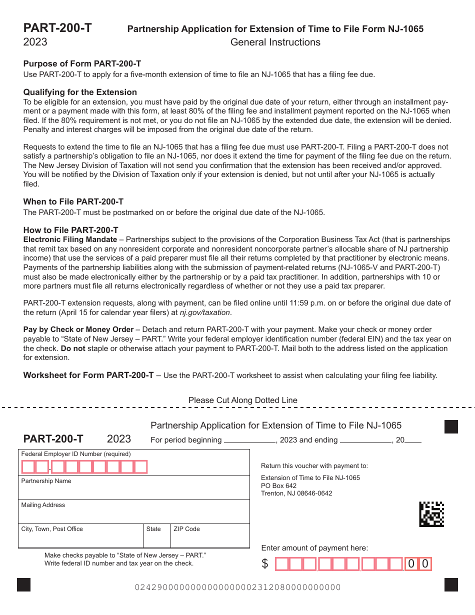 Form PART-200-T Partnership Application for Extension of Time to File Nj-1065 - New Jersey, Page 1