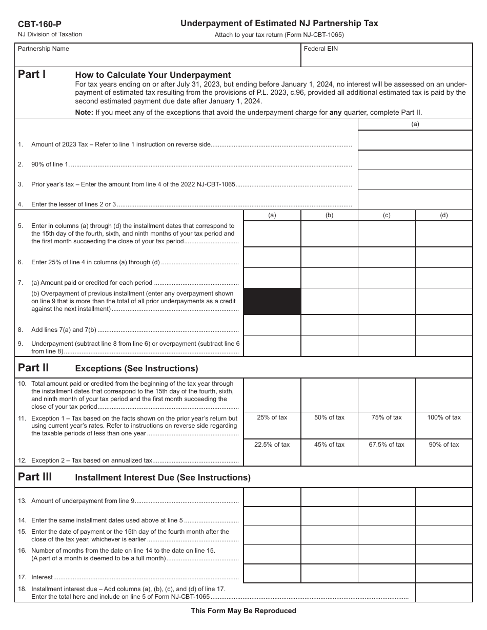 Form CBT-160-P Underpayment of Estimated Nj Partnership Tax - New Jersey, Page 1