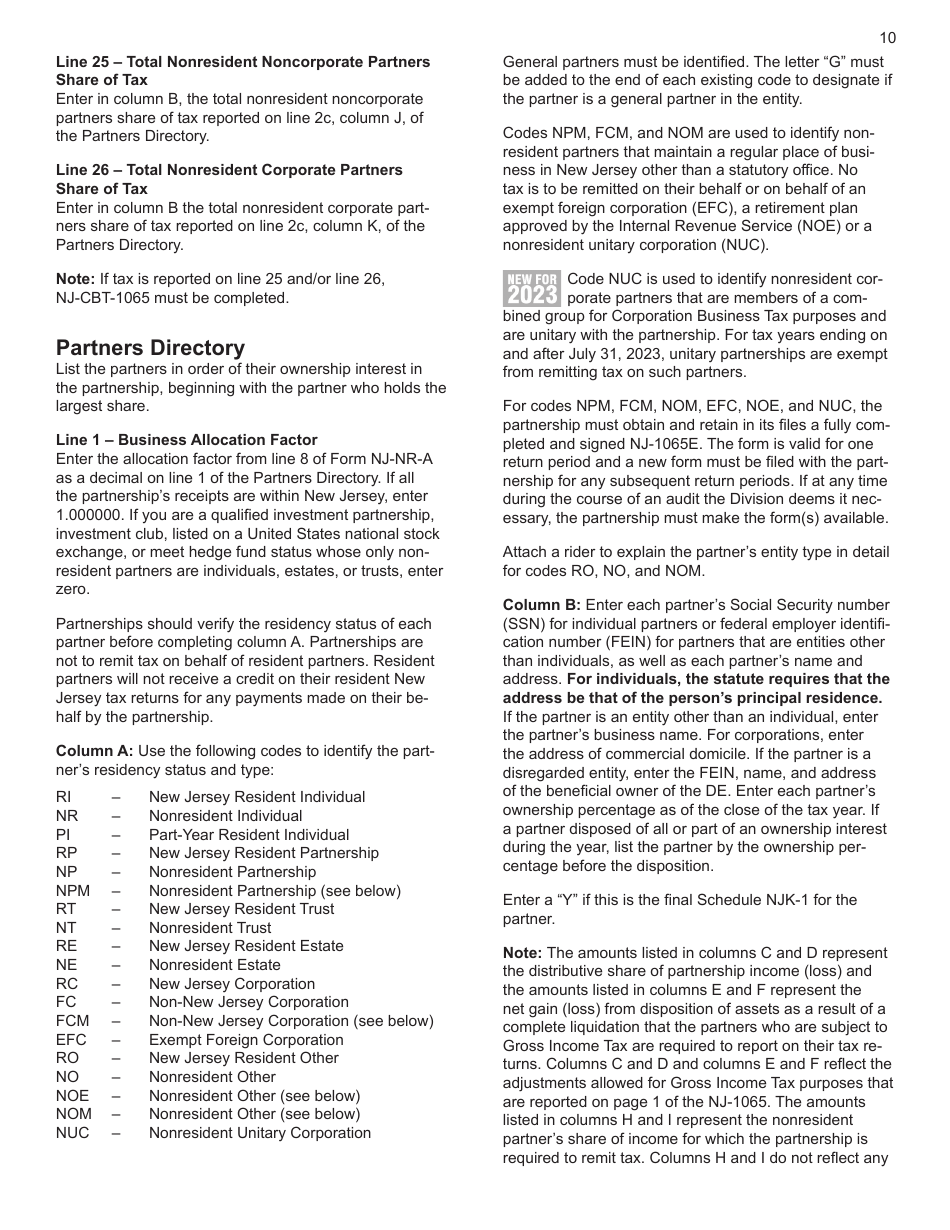 Instructions for Form NJ-1065 New Jersey Partnership Return - New Jersey, Page 10