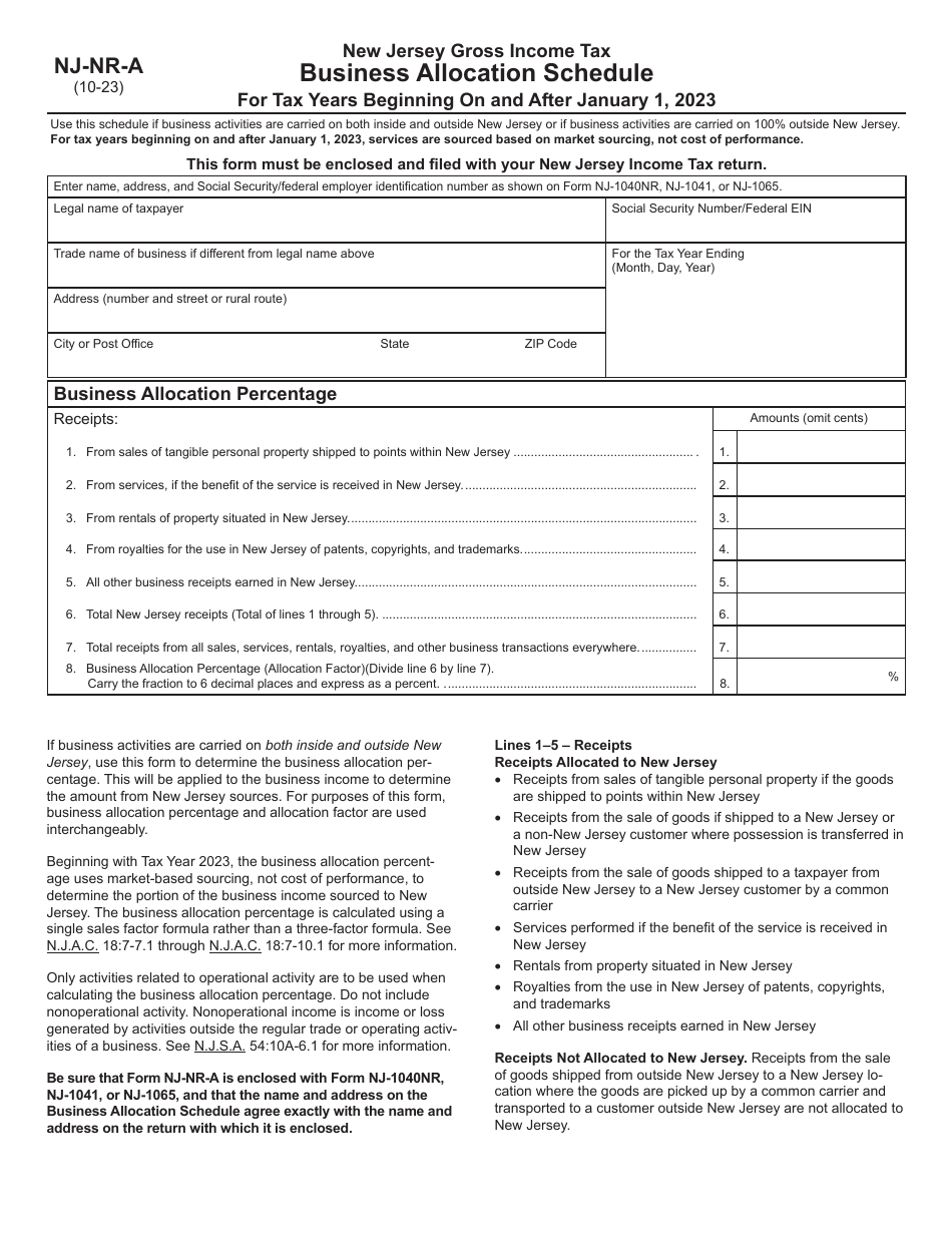 Form NJ-NR-A Download Fillable PDF or Fill Online Business Allocation ...