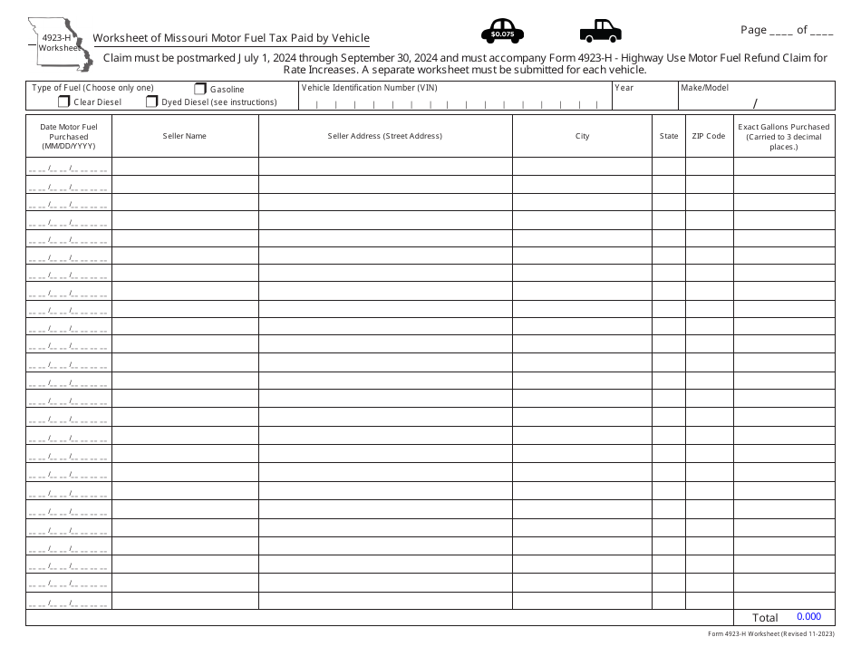 Form 4923-H Highway Use Motor Fuel Refund Claim for Rate Increases - Missouri, Page 2