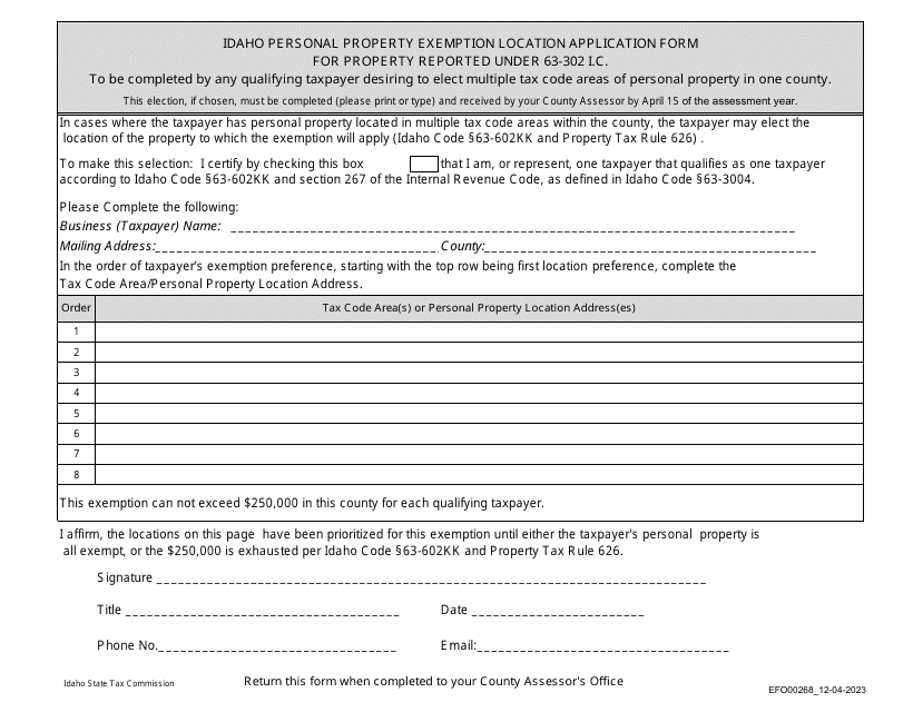 Form EFO00268 Idaho Personal Property Exemption Location Application Form for Property Reported Under 63-302 I.c. - Idaho