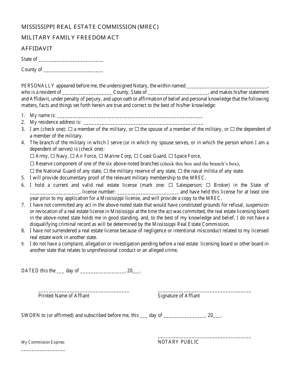 Military Family Freedom Act Affidavit - Mississippi, Page 1