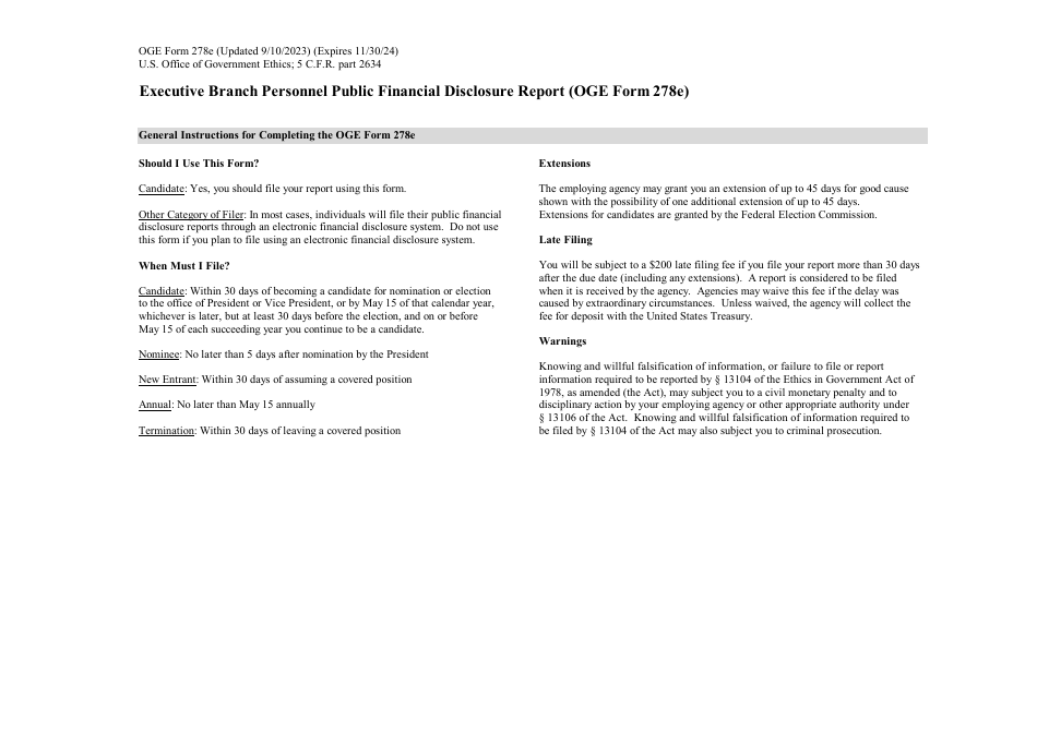 OGE Form 278E Executive Branch Personnel Public Financial Disclosure Report, Page 1