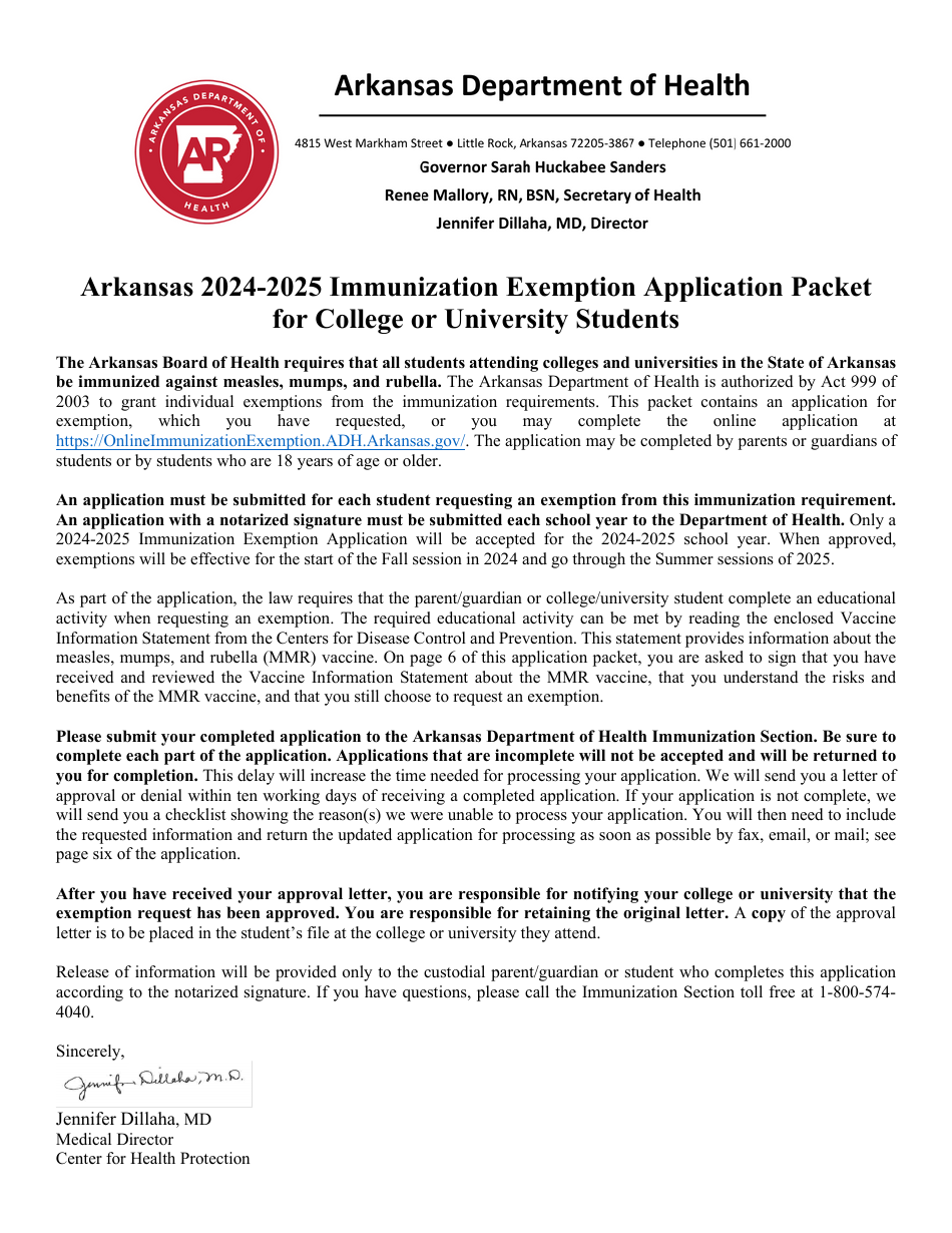Arkansas Immunization College or University Exemption Application - Arkansas, Page 1