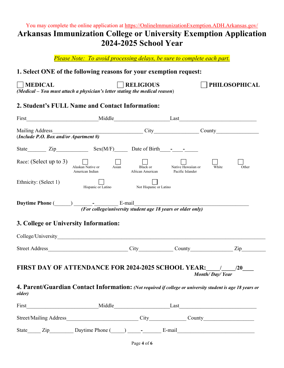 Arkansas Immunization College or University Exemption Application - Arkansas, Page 4