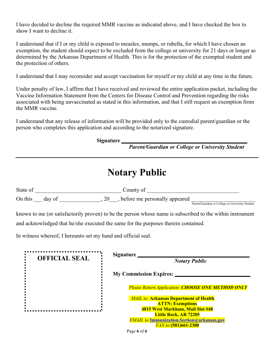 Arkansas Immunization College or University Exemption Application - Arkansas, Page 6