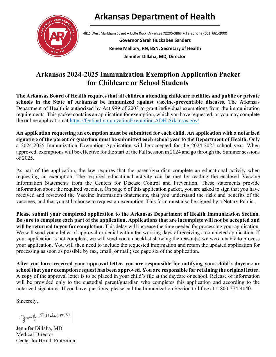 Arkansas Immunization Exemption Application for Childcare or School Students - Arkansas, Page 1
