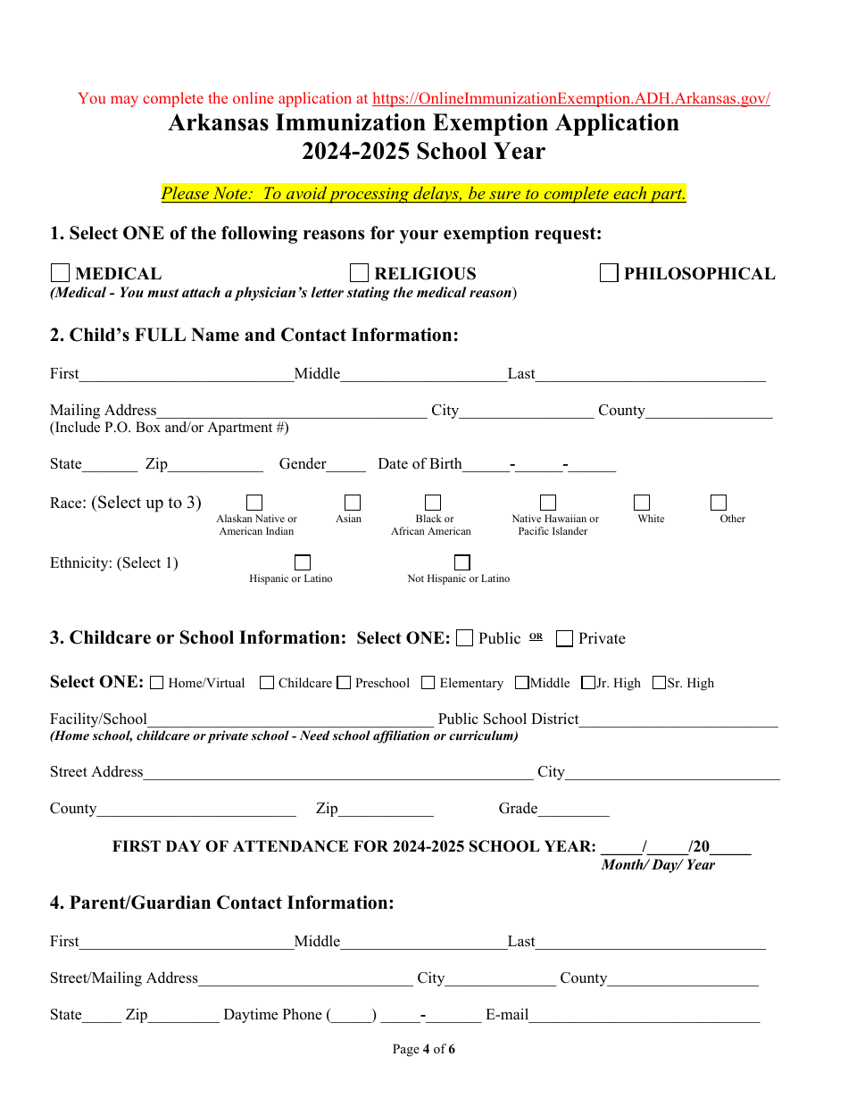 Arkansas Immunization Exemption Application for Childcare or School Students - Arkansas, Page 4